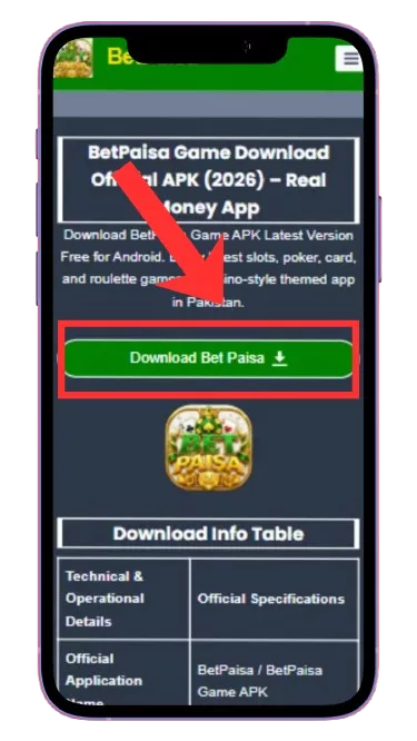 First Step to Download BetPaisa Official App from betpaisaapk.com.pk